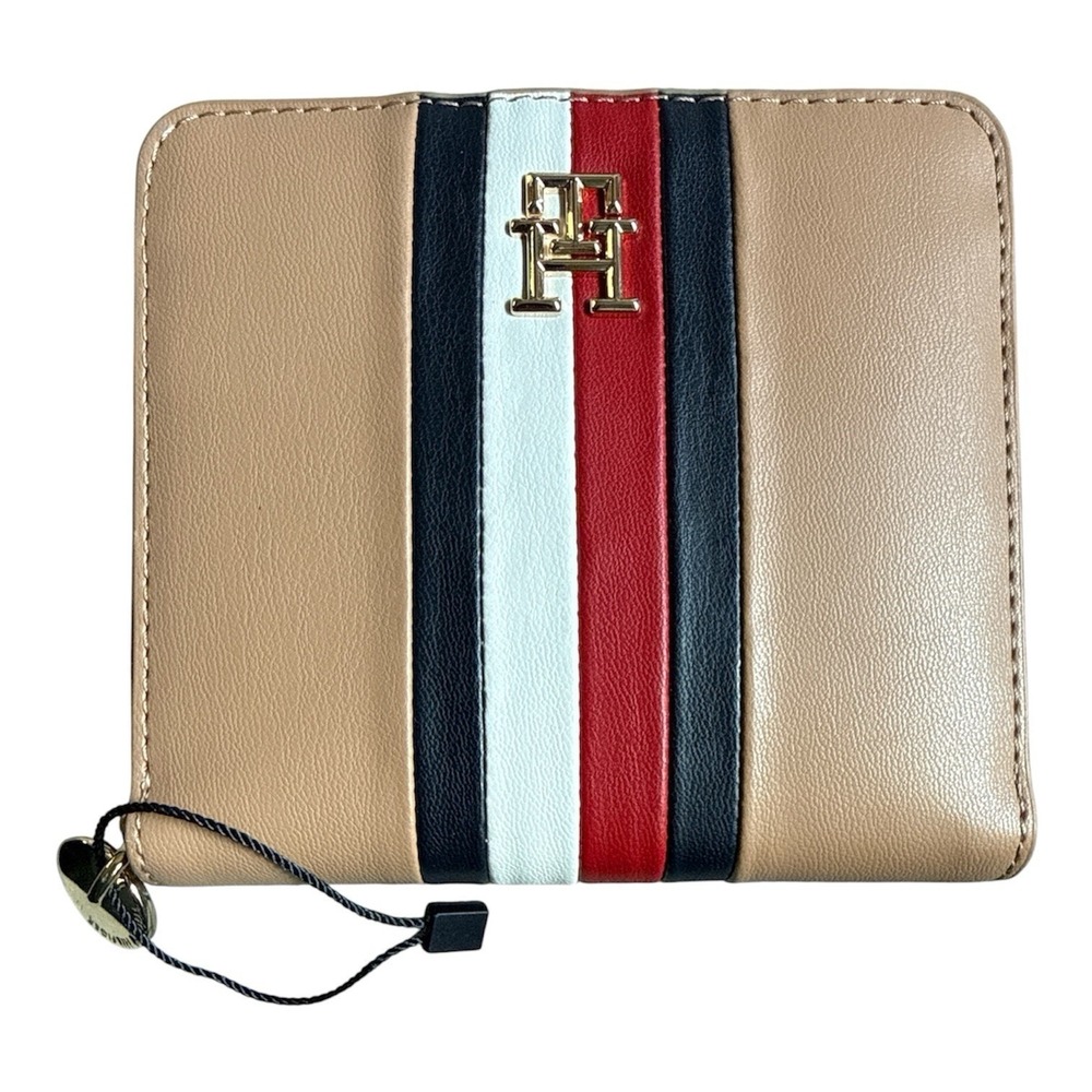 Tommy‎ Hilfiger Stripe Zip Wallet Beige Red White Blue Logo Small